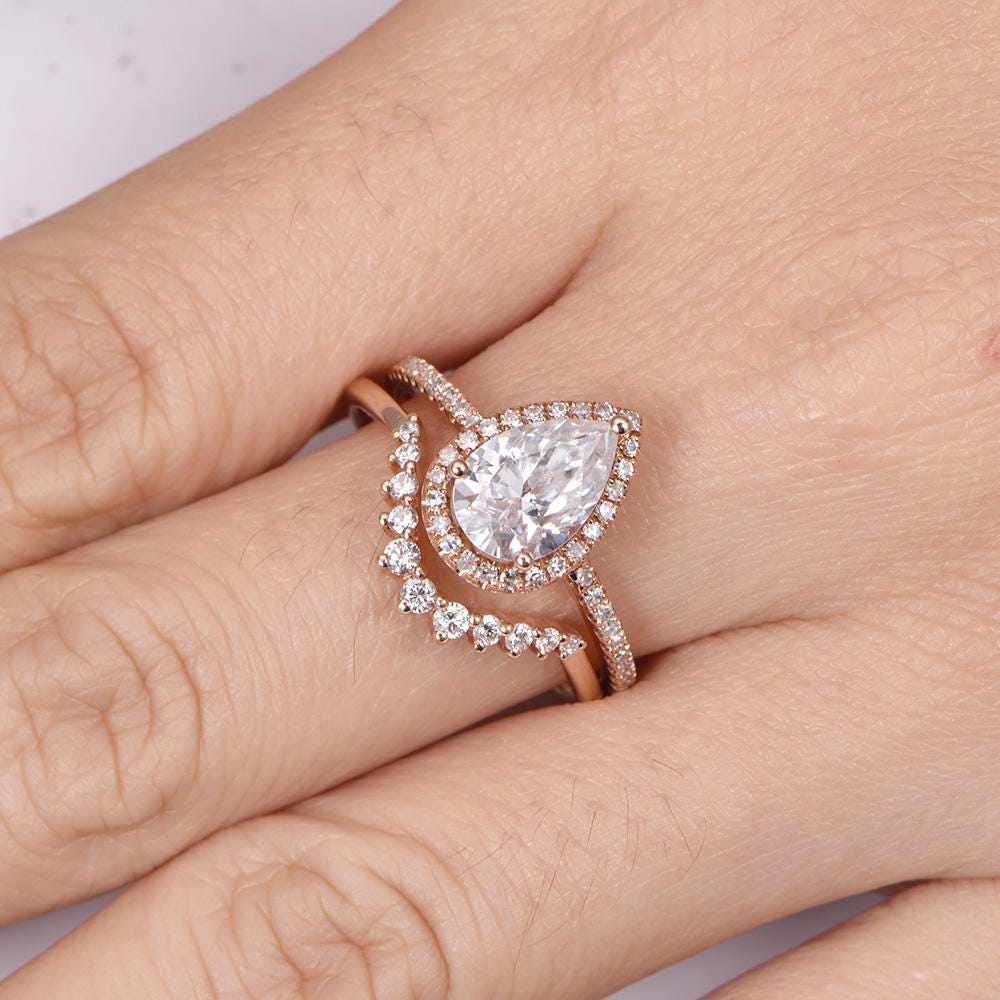 Moissanite engagement ring set 6x9mm pear shape moissanite ring natural diamond curved matching band 14k rose gold promise ring bridal ring