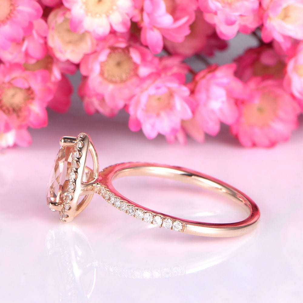 Morganite engagement ring 6x8 pearl shape morganite ring real diamond wedding thin band solid 14k rose gold promose ring customized