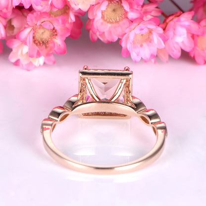 Princess cut morganite engagement ring 1ct natural morganite art deco diamond wedding band solid 14k rose gold marqul style bridal ring