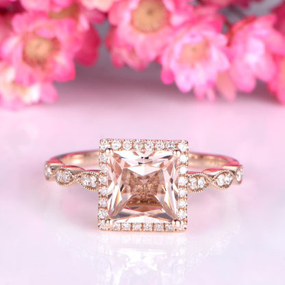 Princess cut morganite engagement ring 1ct natural morganite art deco diamond wedding band solid 14k rose gold marqul style bridal ring