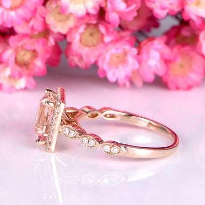 Princess cut morganite engagement ring 1ct natural morganite art deco diamond wedding band solid 14k rose gold marqul style bridal ring