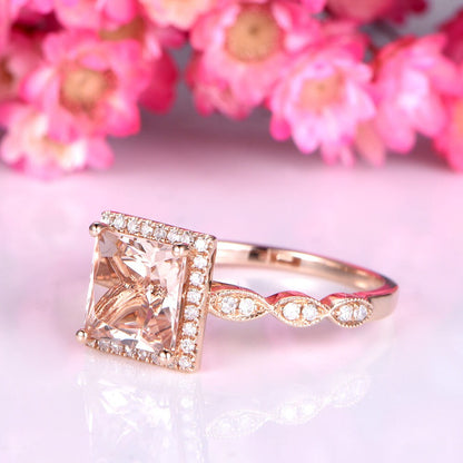 Princess cut morganite engagement ring 1ct natural morganite art deco diamond wedding band solid 14k rose gold marqul style bridal ring