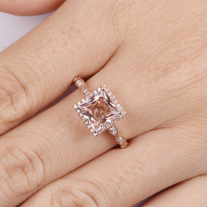 Princess cut morganite engagement ring 1ct natural morganite art deco diamond wedding band solid 14k rose gold marqul style bridal ring