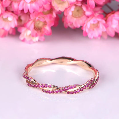 Ruby ring rose gold ruby wedding band twisted pink gemstone matching band full eternity ring pave setting anniversary ring Valentine