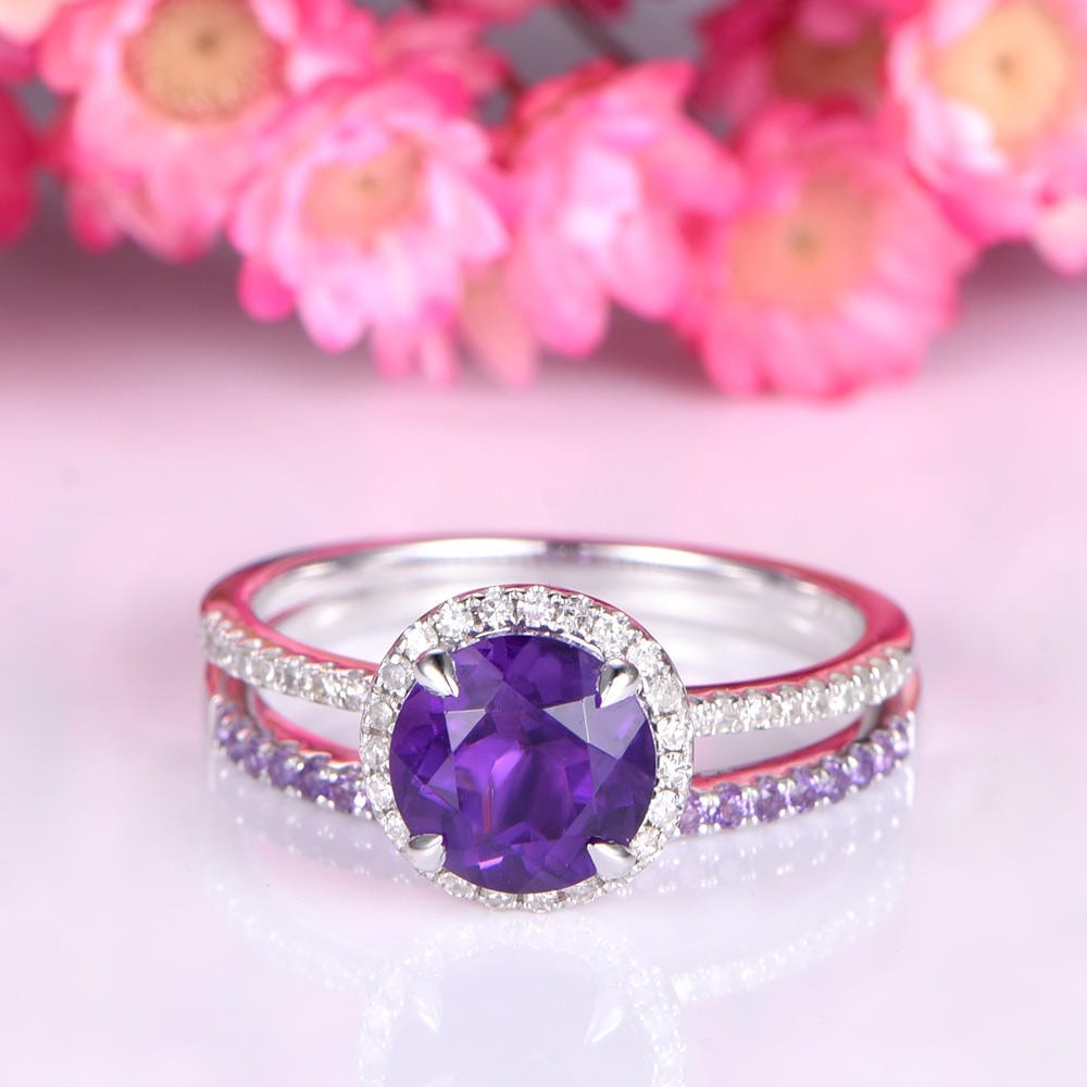 Amethyst ring set white gold amethyst engagement ring 7mm round cut stone half eternity amethyst matching band 14k/18k promise ring set