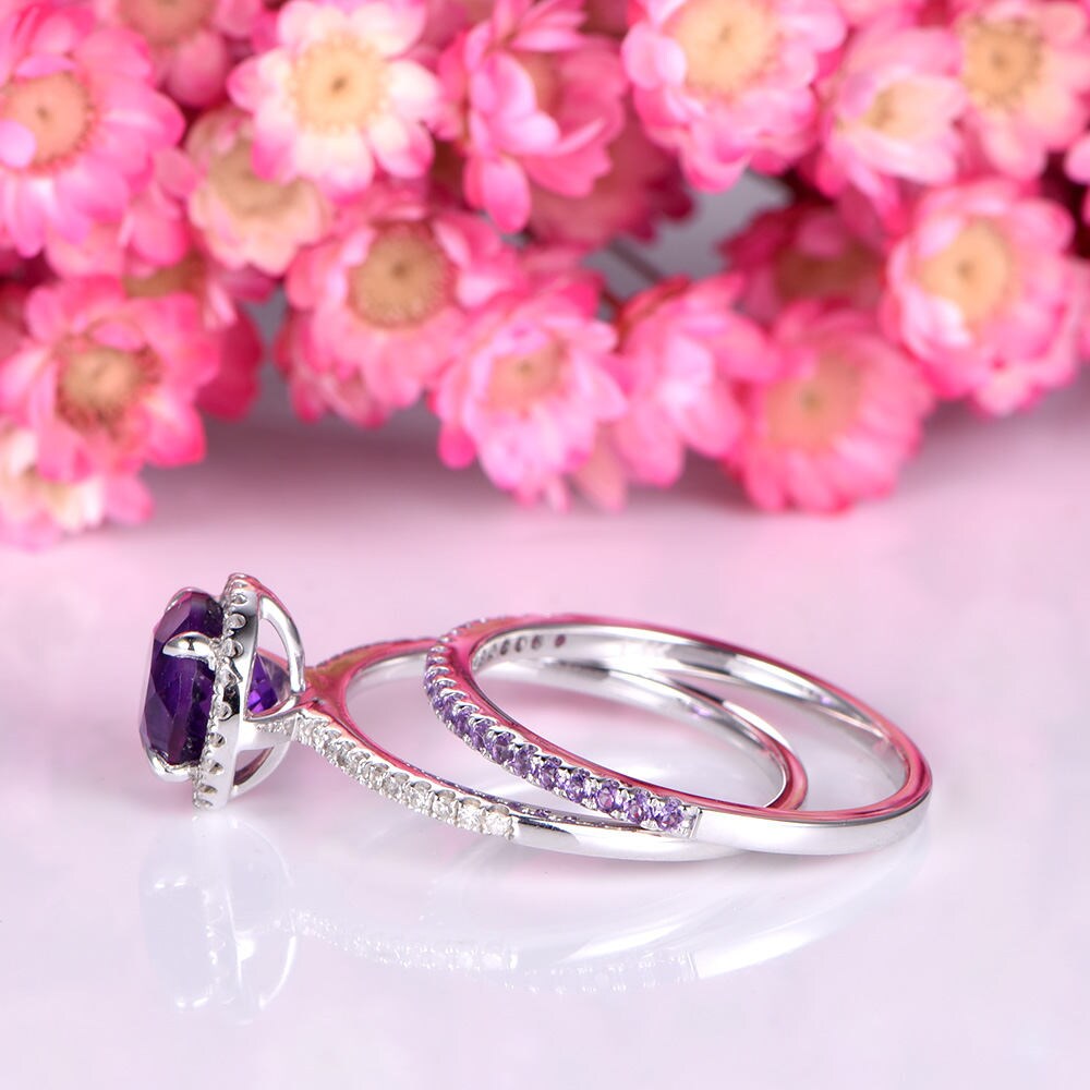 Amethyst ring set white gold amethyst engagement ring 7mm round cut stone half eternity amethyst matching band 14k/18k promise ring set