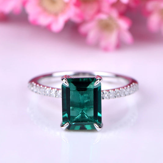 Emerald engagement ring 6x8mm emerald-cut lab created emerald ring real diamond wedding band diamond setting 14k white gold birthstone ring