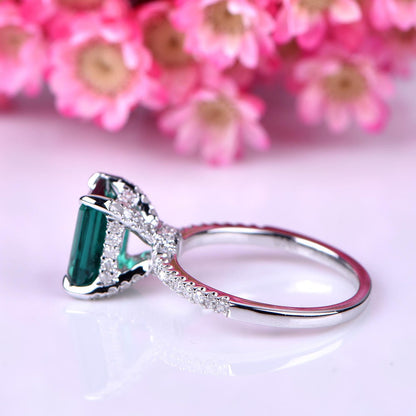 Emerald engagement ring 6x8mm emerald-cut lab created emerald ring real diamond wedding band diamond setting 14k white gold birthstone ring