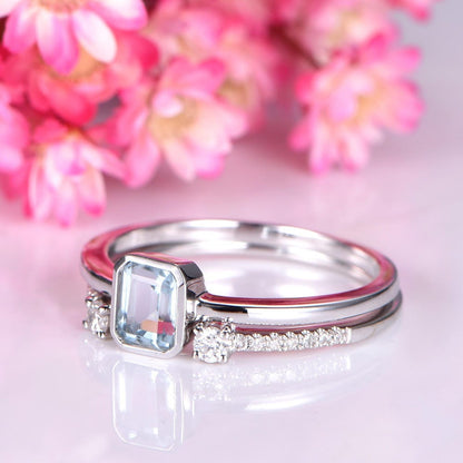 Aquamarine ring set aquamarine engagement ring 4x5mm emerald cut blue birthstone bezel set 14k white gold diamond matching band bridal ring