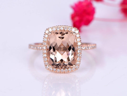 5ct Morganite engagement ring pink morganite ring big cushion shape natural gemstone with thin diamond wedding band solid 14k rose gold