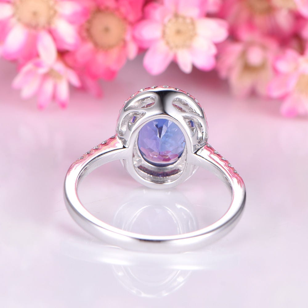 Tanzanite ring 6x8mm oval cut tanzanite engagement ring diamond wedding band halo style ring basket setting solid 14k white gold