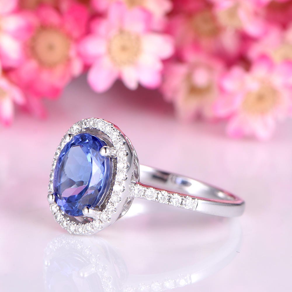 Tanzanite ring 6x8mm oval cut tanzanite engagement ring diamond wedding band halo style ring basket setting solid 14k white gold