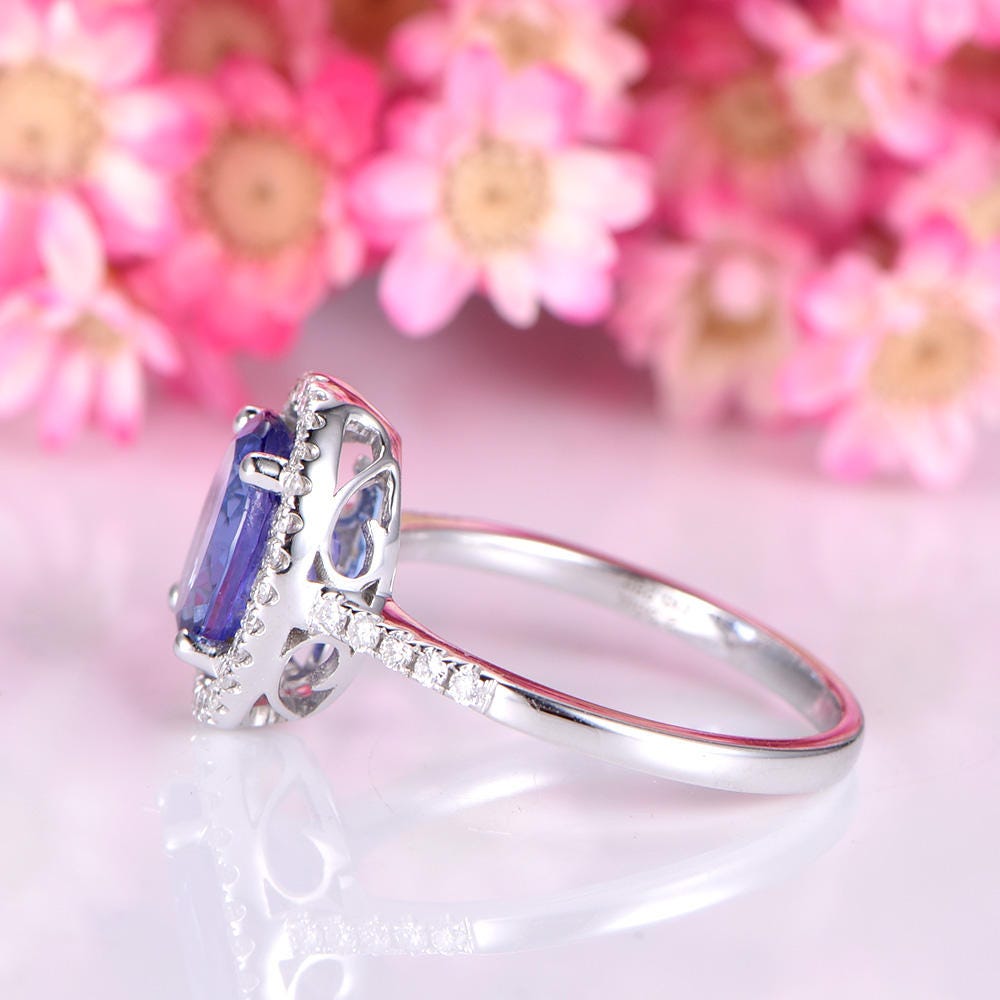 Tanzanite ring 6x8mm oval cut tanzanite engagement ring diamond wedding band halo style ring basket setting solid 14k white gold