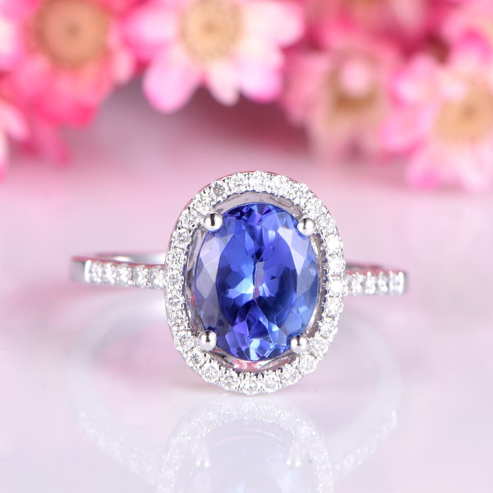 Tanzanite ring 6x8mm oval cut tanzanite engagement ring diamond wedding band halo style ring basket setting solid 14k white gold