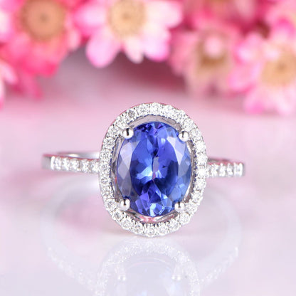 Tanzanite ring 6x8mm oval cut tanzanite engagement ring diamond wedding band halo style ring basket setting solid 14k white gold