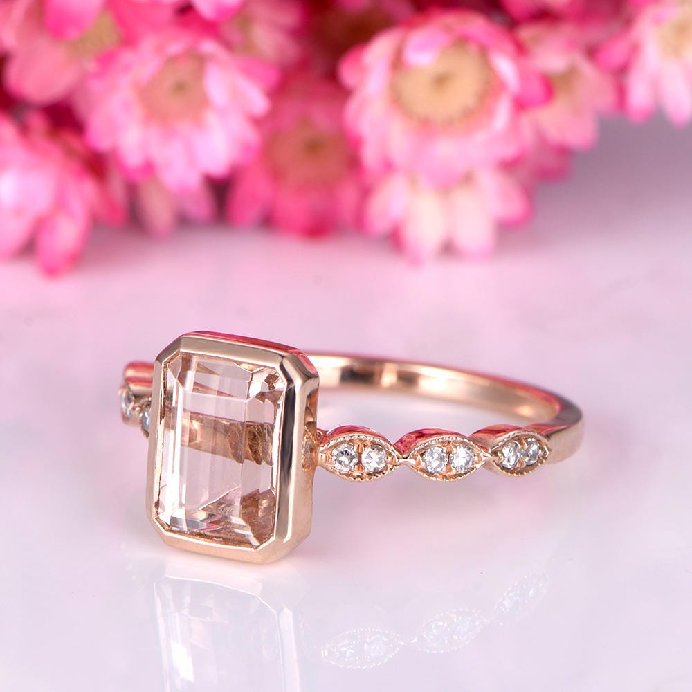 Bezel set morganite engagement ring 6x8mm emerald cut morganite art deco diamond wedding band 14k rose gold promise ring milgrain style ring