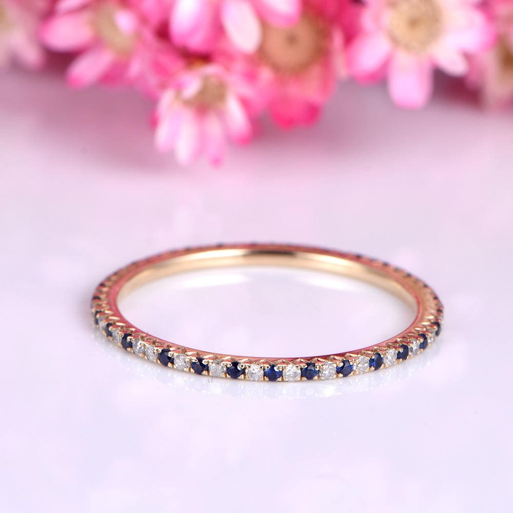 Diamond wedding band diamond blue sapphire ring 14k yellow gold petite matching band natural gemstones full eternity promise ring Valentine