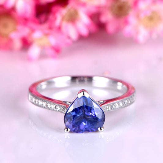 Tanzanite engagement ring 7mm heart shape tanzanite ring solid 14k white gold diamond wedding band solitaire gemstone bridal ring