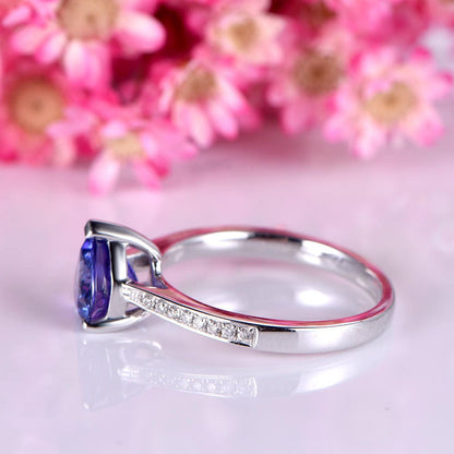 Tanzanite engagement ring 7mm heart shape tanzanite ring solid 14k white gold diamond wedding band solitaire gemstone bridal ring