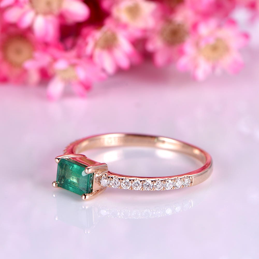 Emerald engagement ring 3x5mm emerald-cut natural emerald ring full cut real diamond wedding band gemstone 14k rose gold bridal ring