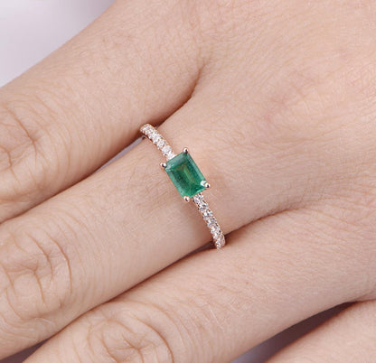 Emerald engagement ring 3x5mm emerald-cut natural emerald ring full cut real diamond wedding band gemstone 14k rose gold bridal ring