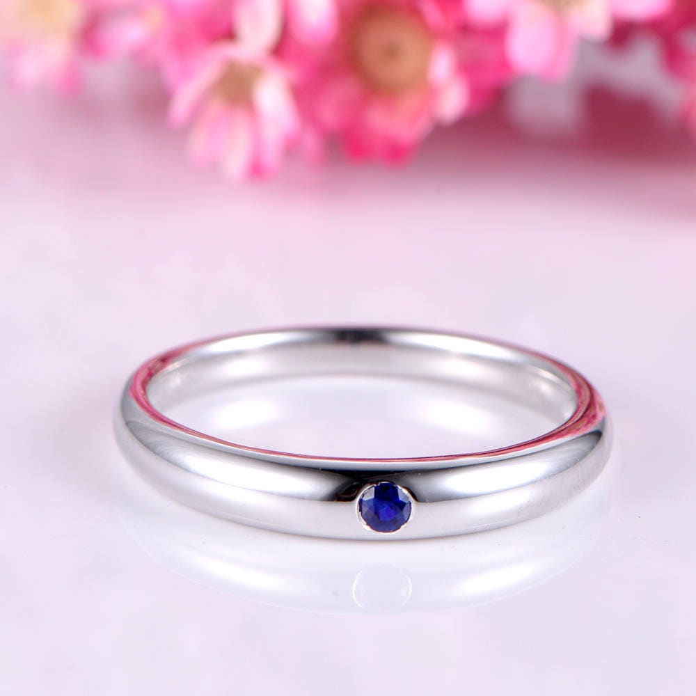 Men ring sapphire engagement ring solid 14k white plain gold band 2mm round cut natural sapphire promise ring anniversary custom jewelry