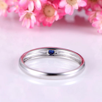 Men ring sapphire engagement ring solid 14k white plain gold band 2mm round cut natural sapphire promise ring anniversary custom jewelry