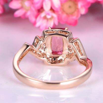 Pink Tourmaline engagement ring diamond ring 5x7mm emerald cut tourmaline diamond wedding band diamond halo ring 14k rose gold bridal ring