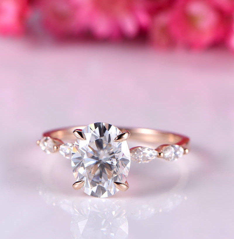 Oval moissanite engagement ring art deco moissanite wedding band women 14k rose gold bridal ring anniversary gift custom jewelry