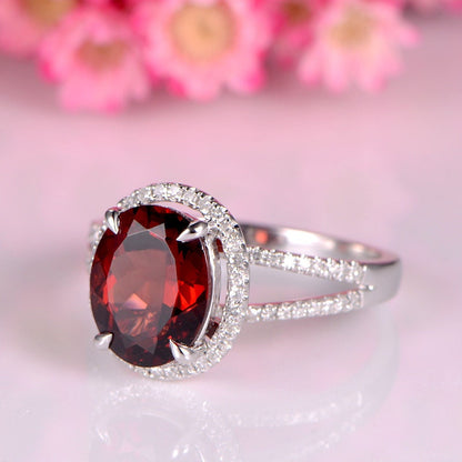 Garnet engagement ring white gold diamond promise ring split shank diamond wedding band 10x8mm oval cut red garnet 14k/18k bridal ring