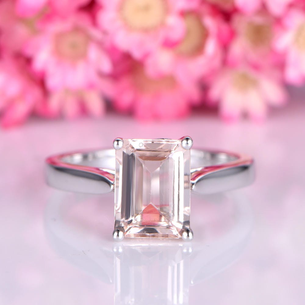 Morganite engagement ring solid 14k white plain gold band 7x9mm emerald cut morganite solitaire ring natural gemstone bridal ring prongs set