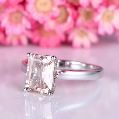 Morganite engagement ring solid 14k white plain gold band 7x9mm emerald cut morganite solitaire ring natural gemstone bridal ring prongs set