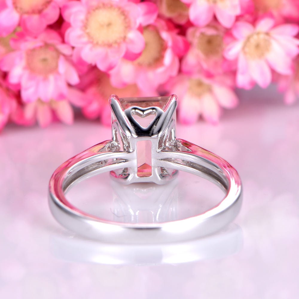 Morganite engagement ring solid 14k white plain gold band 7x9mm emerald cut morganite solitaire ring natural gemstone bridal ring prongs set