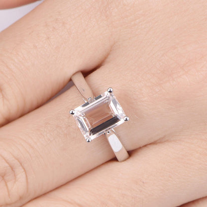 Morganite engagement ring solid 14k white plain gold band 7x9mm emerald cut morganite solitaire ring natural gemstone bridal ring prongs set
