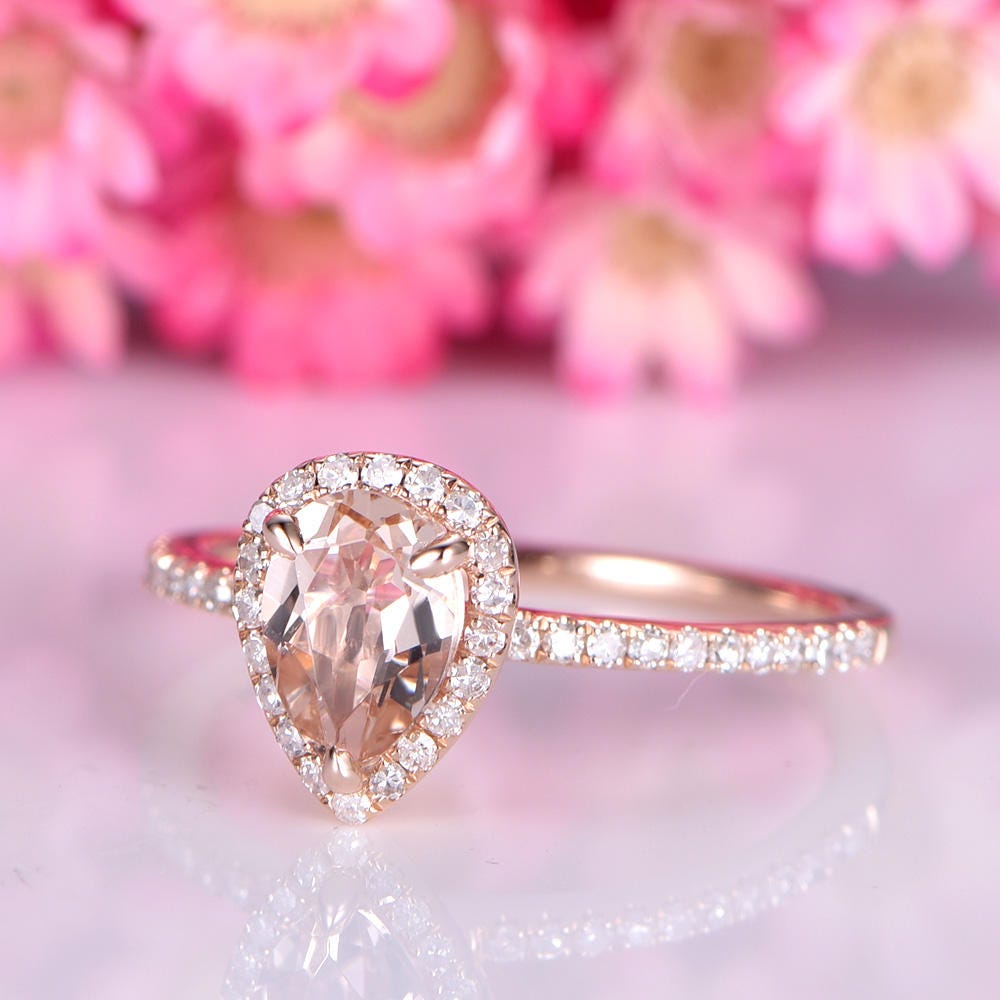 Morganite engagement ring 5x7 pearl cut morganite ring diamond wedding thin band solid 14k rose gold promise ring bridal ring customized