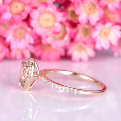 Morganite engagement ring 5x7 pearl cut morganite ring diamond wedding thin band solid 14k rose gold promise ring bridal ring customized