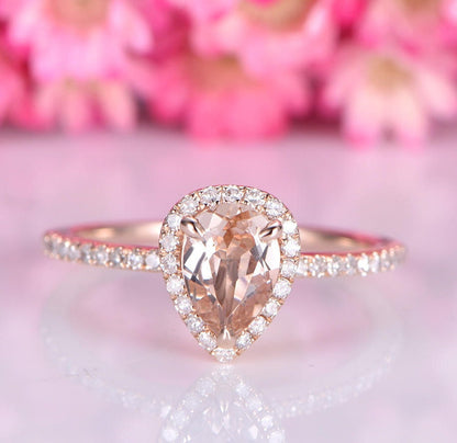 Morganite engagement ring 5x7 pearl cut morganite ring diamond wedding thin band solid 14k rose gold promise ring bridal ring customized