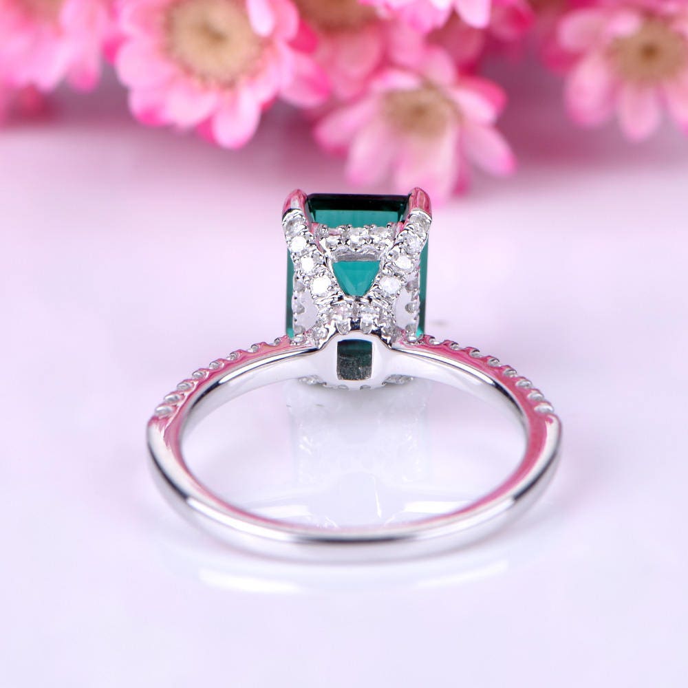 Emerald engagement ring 6x8mm emerald-cut lab created emerald ring real diamond wedding band diamond setting 14k white gold birthstone ring