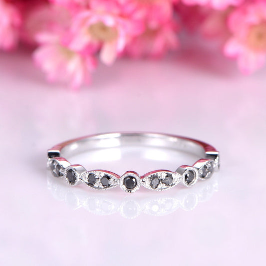 Black diamond wedding band 14k white gold natural diamond wedding ring art deco half eternity ring stacking matching band