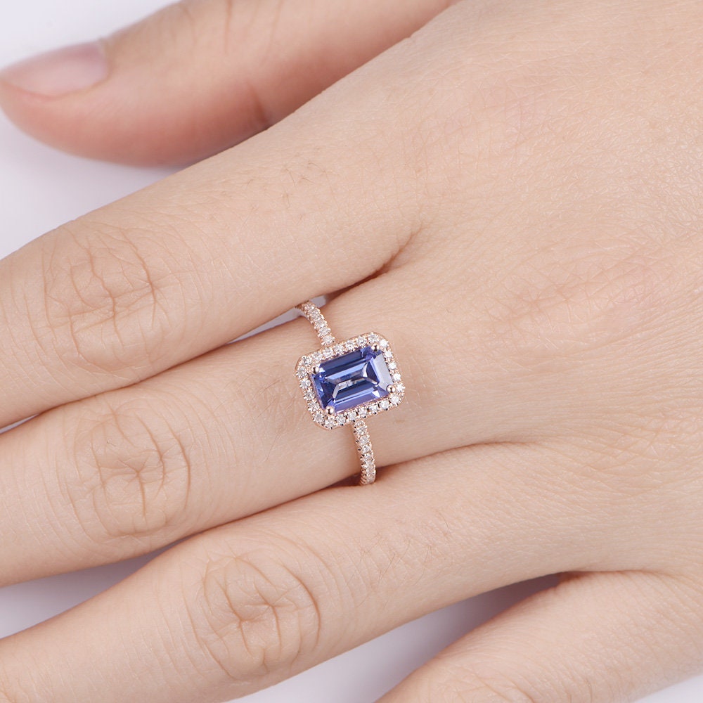 Tanzanite engegament ring rose gold 5x7mm emerald cut natural blue tanzante ring diamond ring diamond wedding band halo ring 14k/18k