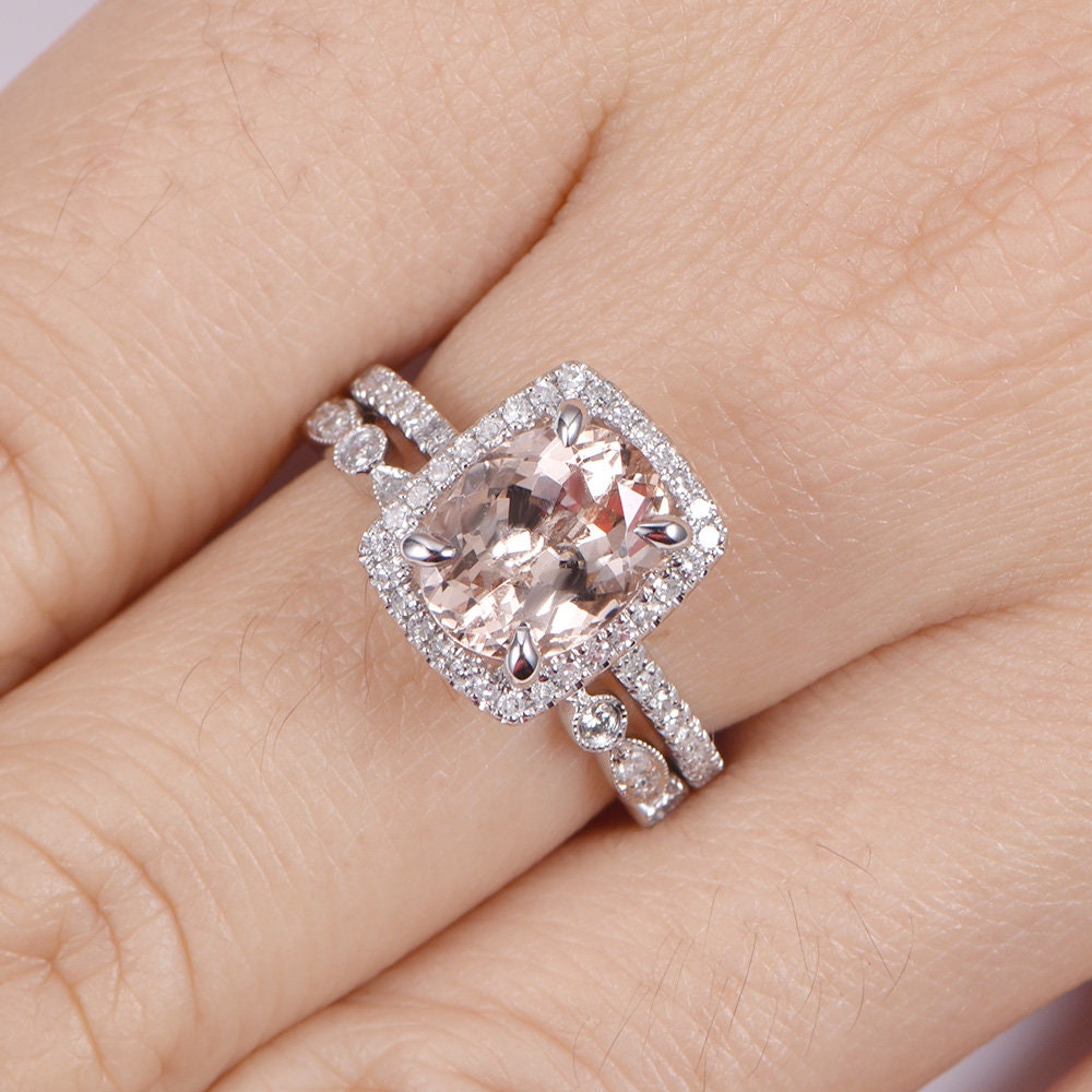 Morganite ring set morganite engagement ring 7x9mm oval cut natural gemstone art deco diamond wedding band half eternity ring 14k rose gold