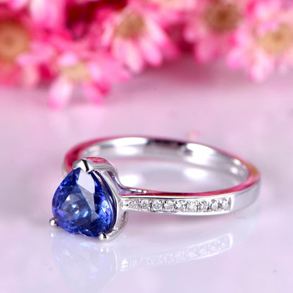 Tanzanite engagement ring 7mm heart shape tanzanite ring solid 14k white gold diamond wedding band solitaire gemstone bridal ring