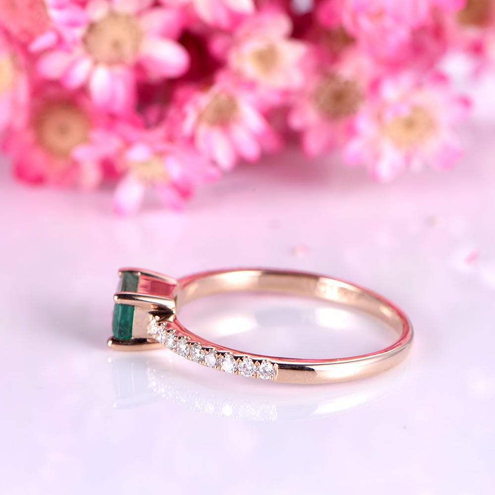 Emerald engagement ring 3x5mm emerald-cut natural emerald ring full cut real diamond wedding band gemstone 14k rose gold bridal ring