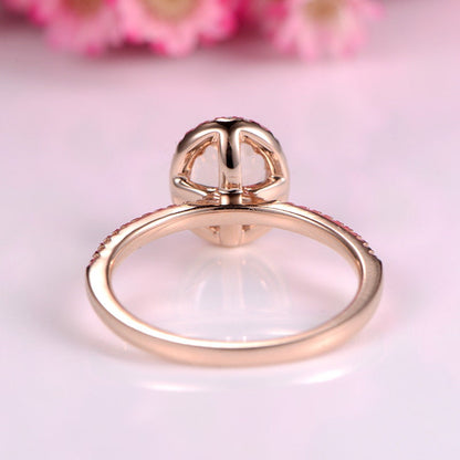 Morganite engagement ring 6x8mm oval cut clarity VS morganite ring 14k rose gold diamond wedding band halo ring promise bridal ring