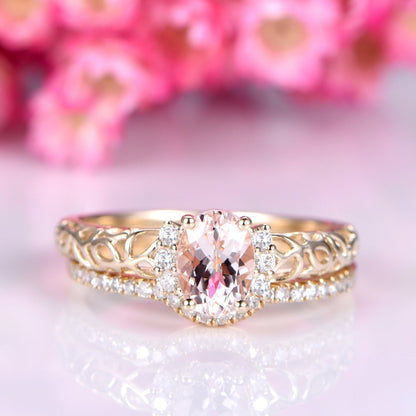 Morganite engagement ring Set 14k Yellow Gold 5x7mm oval cut morganite Promise Ring Diamond Matching Band Half Eternity Ring Bridal Set