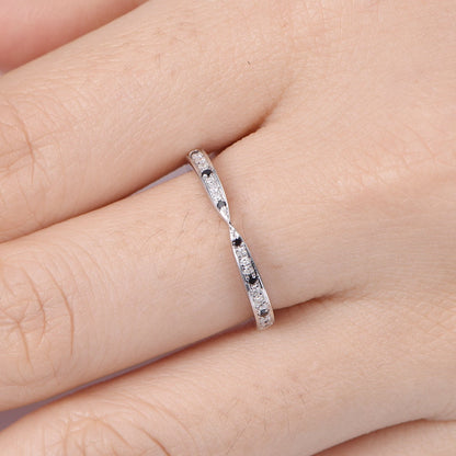 Black diamond wedding band white gold half eternity ring natural diamond and black matching stacking ring solid 14k anniversary ring