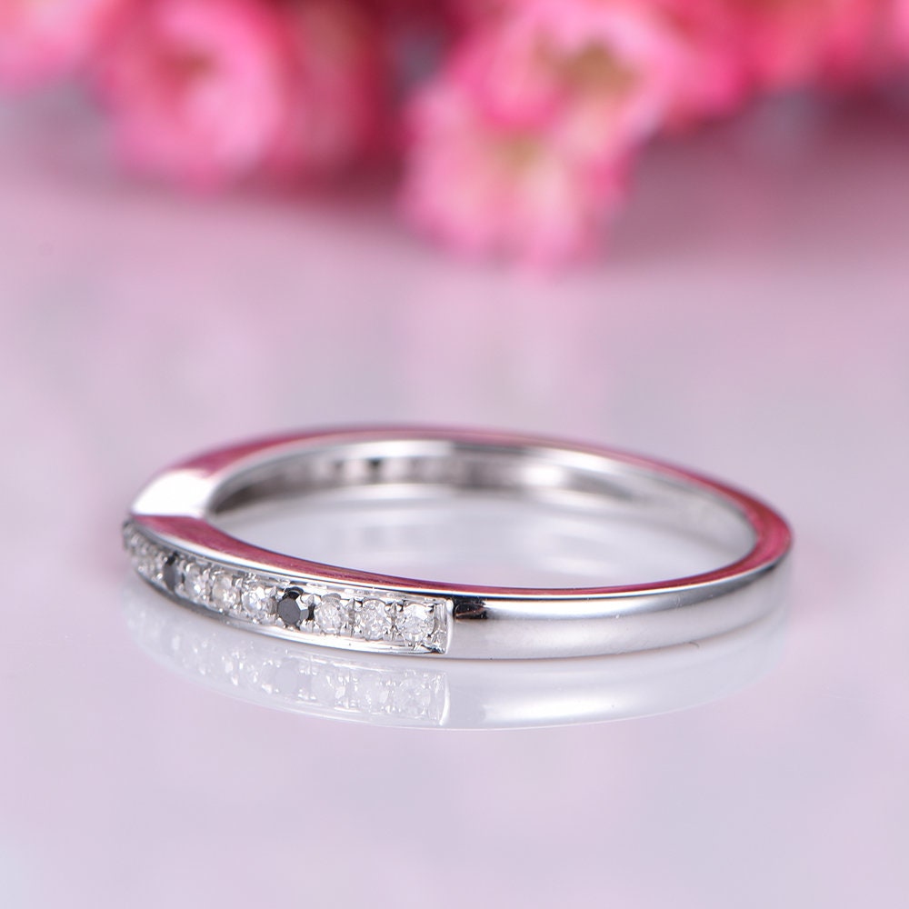 Black diamond wedding band white gold half eternity ring natural diamond and black matching stacking ring solid 14k anniversary ring