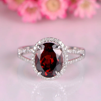 Garnet engagement ring white gold diamond promise ring split shank diamond wedding band 10x8mm oval cut red garnet 14k/18k bridal ring