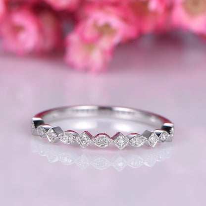 14K white gold diamond wedding band half eternity ring diamond engagement ring stacking matching band Milgrain style art deco ring