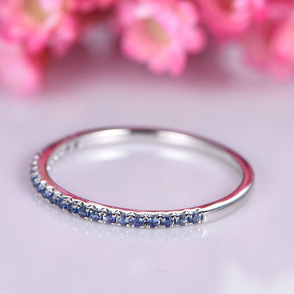 Blue sapphire wedding band 14k white gold half eternity ring petite matching band natural sapphire stacking ring custom jewelry